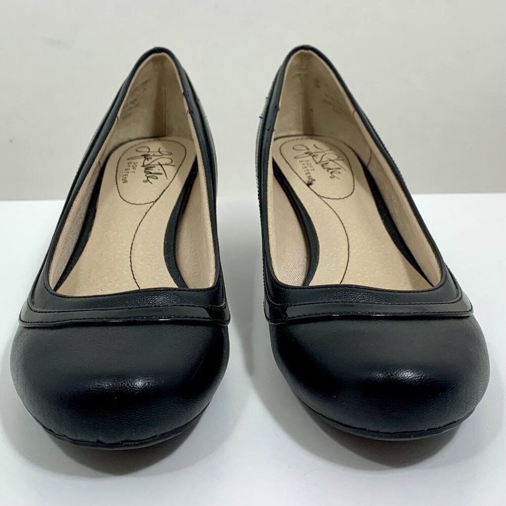 LifeStride RICKI Black Faux Leather Slip On Block Casual Heels Womens 7M Pumps